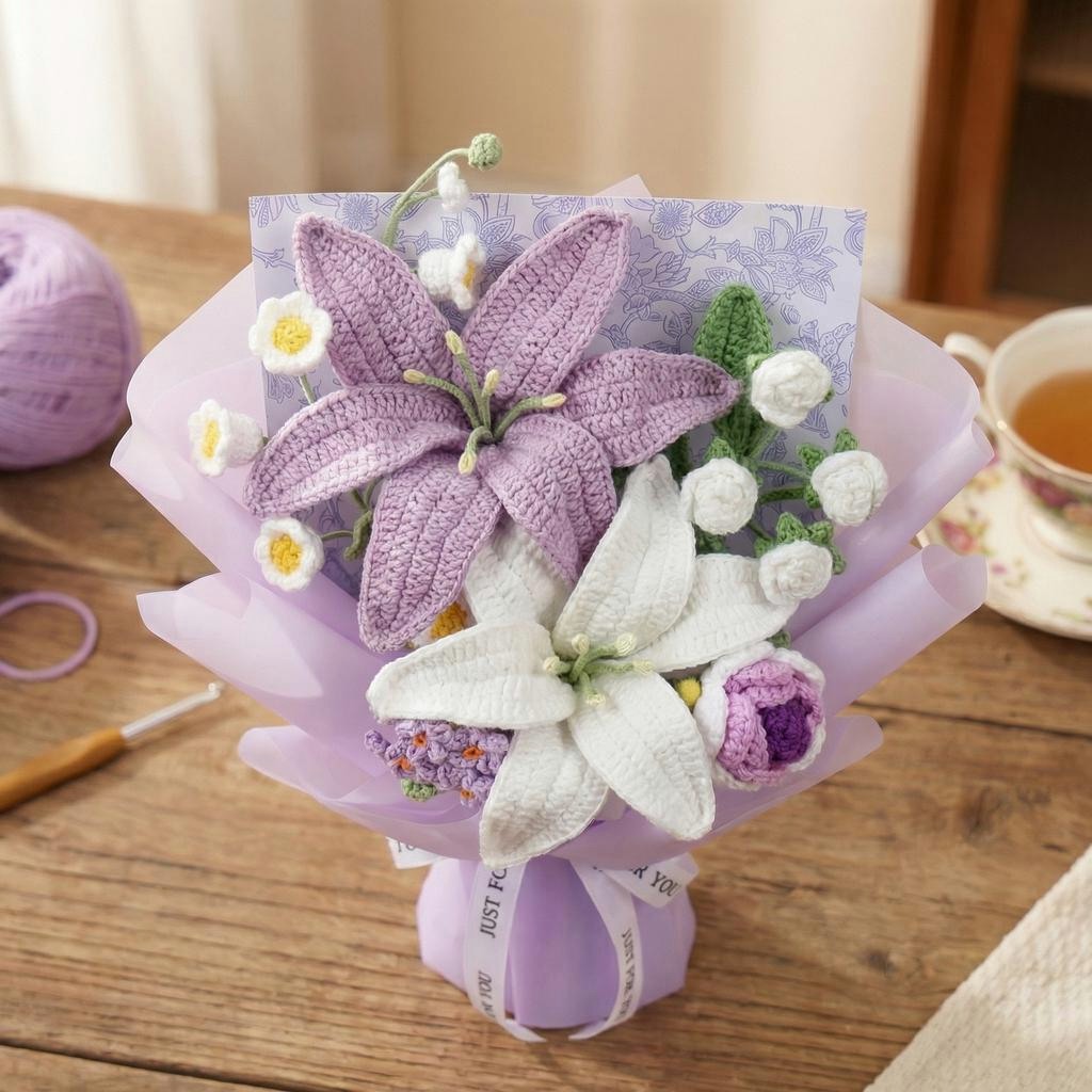 Purple and White Crochet Lily Bouquet - image 2