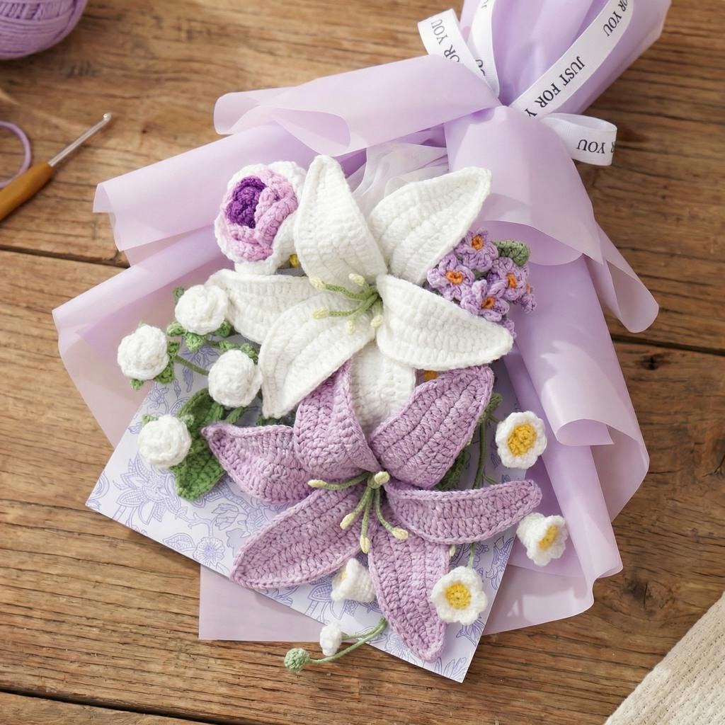 Purple and White Crochet Lily Bouquet - image 3