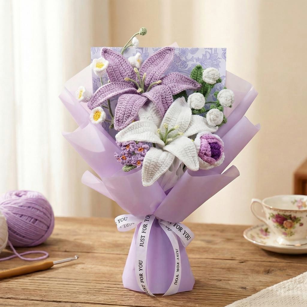 Purple and White Crochet Lily Bouquet - image 5